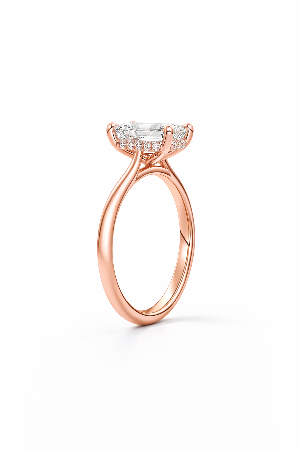 14K Cathedral Flat Band Hidden Halo Emerald Solitaire Size 6.5