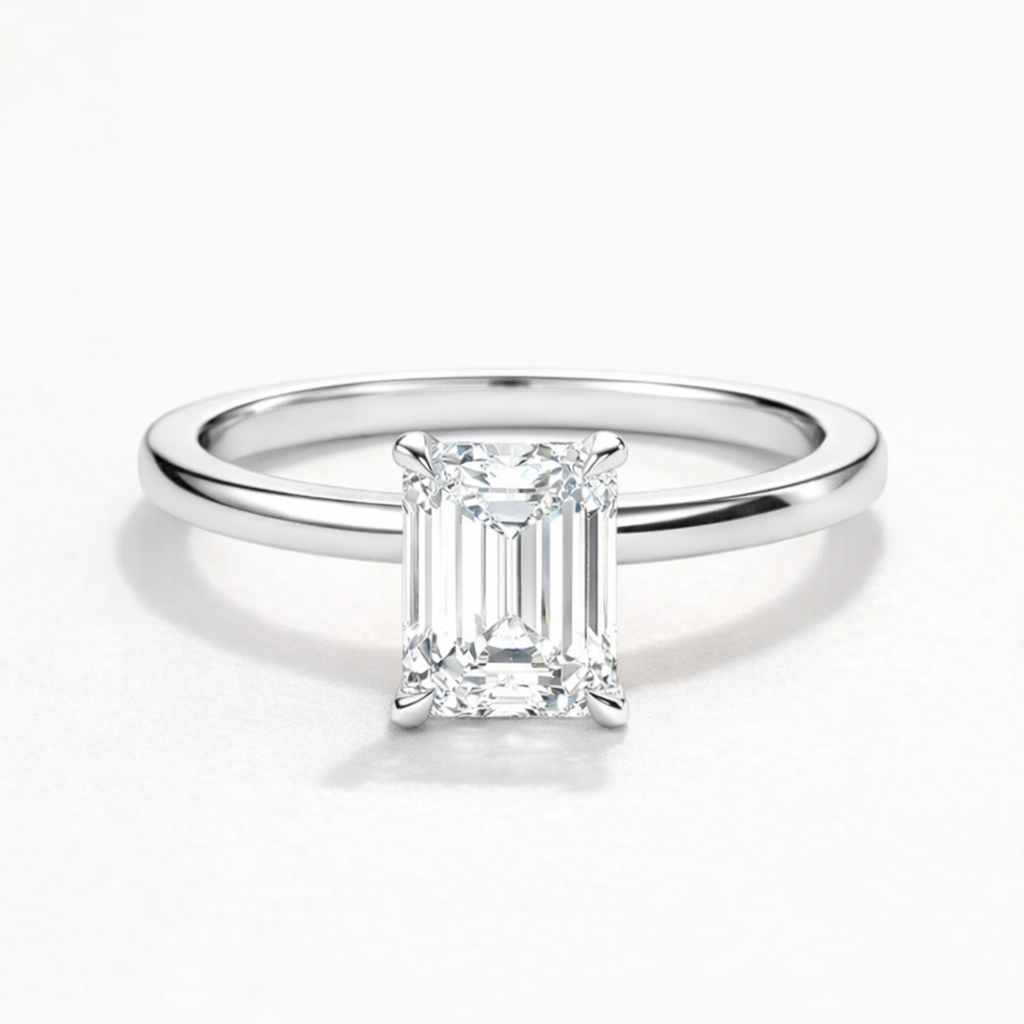 14K Flat Band Hidden Halo Emerald Solitaire Size 6.5