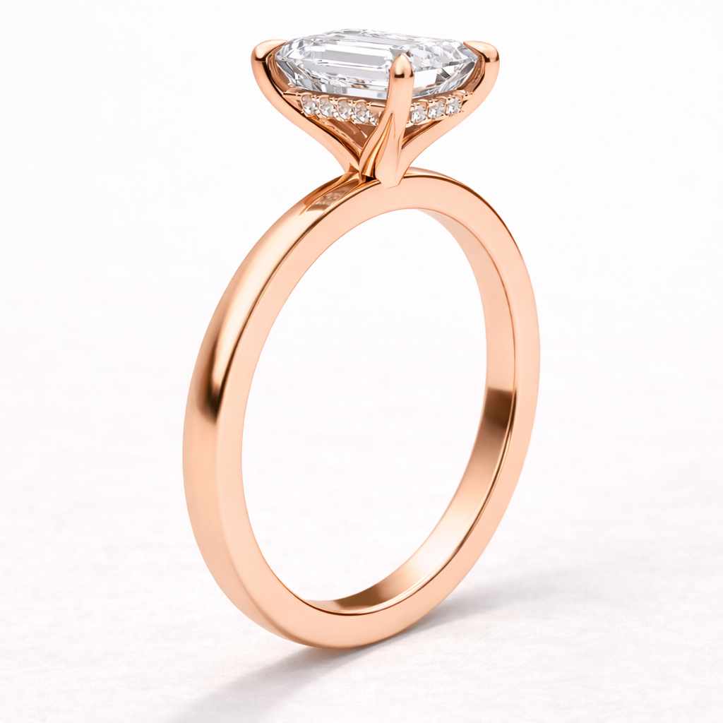 14K Flat Band Hidden Halo Emerald Solitaire Size 6.5