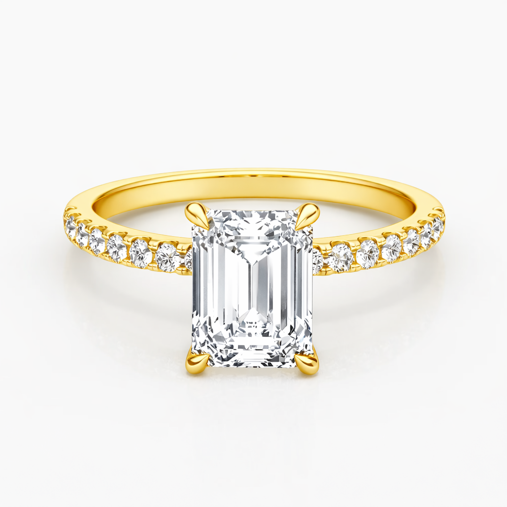 14K Flat Band Pave Emerald Solitaire Size 7.