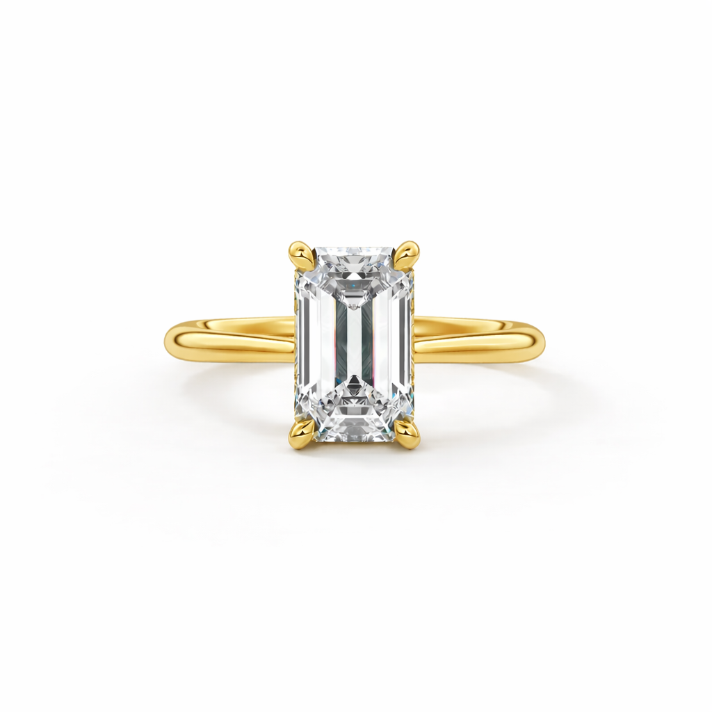 14K Cathedral Flat Band Hidden Halo Emerald Solitaire Size 6.5